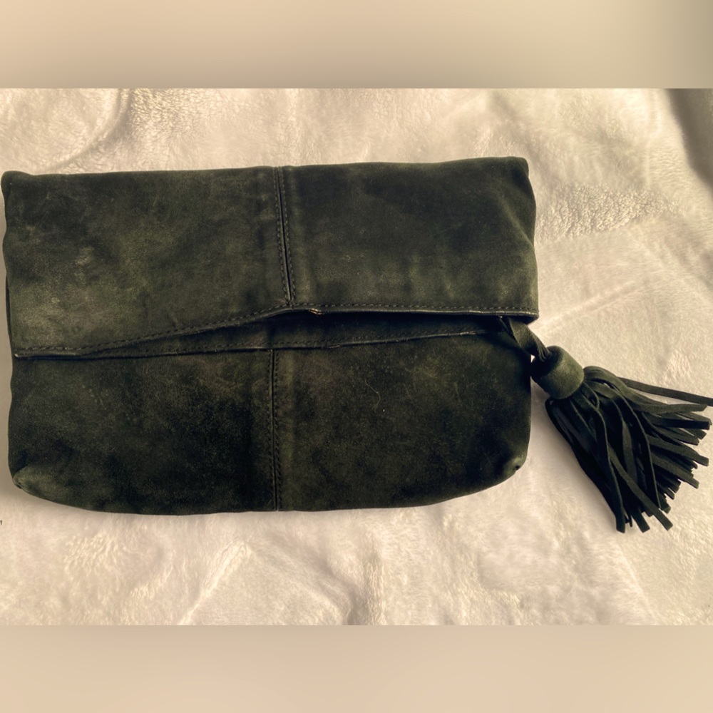 Jcrew Black suede fold over large clutch purse with leather tassel